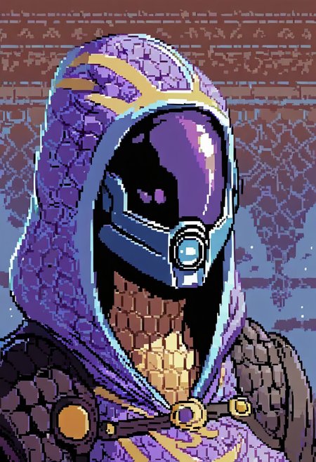 score_9, score_8_up, score_7_up, score_6_up, pixel, commodore, upper body, 1girl, Talixl, alien, hooded, helmet, visor,exosuit, multicolored exosuit, black bodysuit, purple bodysuit, honeycomb print, leg armor, digitigrade, space background,