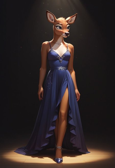 (ultra realistic, 32k, masterpiece:1.2), (high detailed skin:1.1), (high quality:1.1), source_furry,<lora:add-detail-xl:.5>, Furry,  smooth image,  score_7_up, score_8_up,score_9,perfect quality ,perfect shadows, perfect lighting, detailed body, female deer, ultra cute face, deer tail,moonlight, firelight, beautiful lights and shadows, ambient light, volumetric light,pennycarson,anthro, full body,night dress, standing, heels,