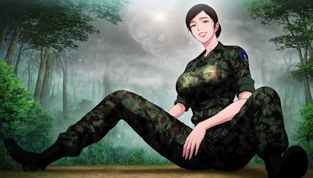 <lora:SHJ_Sodaejang>,
masterpiece,best quality,good quality,newest,
outdoors,nature,glitter,lens_flare,fog,
half-closed eyes,grin,sweat,
looking at viewer,looking down,looking to the side,
from below,
solo,
SHJ_Sodaejang,1girl,brown eyes,brown hair,low bun,lipstick,breasts,camouflage,military uniform,sleeves rolled up,
full body,standing,
sitting,arched_back,spread legs,