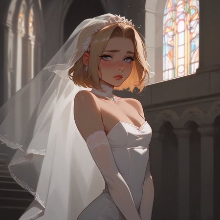 Expressiveh, score_9, score_8_up, score_7_up, score_6_up, score_5_up, score_4_up, 
best quality, highly detailed, ultra high quality, masterpiece, high res, godrays, 
Shy, blushing, aroused, 
 1femboy, (pretty face:1.1), (skinny:1.2), slim body, flat chest under clothing, open chest, cleavage, standing, at altar, white dress, wedding dress, tight dress, blonde hair, longe hair, beautiful stylish hair, shy look, embarrassed, looking at viewer, solo, in church, sun light, side view, view from side, waiting,