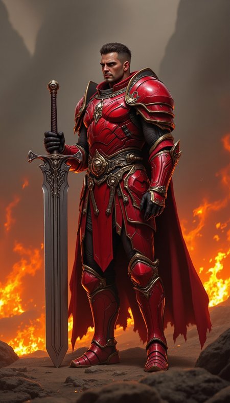 pinkfluxproultrafantasia, 
A man in crimson armor, holding a massive broadsword, standing in a battlefield strewn with glowing embers. His face is stoic yet scarred, revealing his veteran status.
