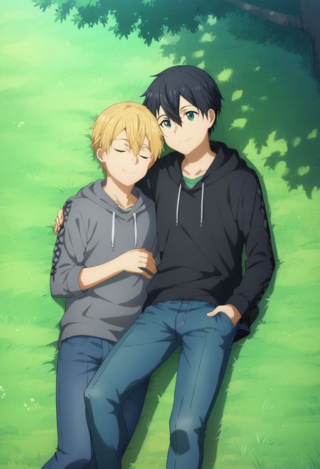 score_9, score_8_up, score_7_up, source_anime, highly detailed, 
1boy, 1boy,
Kazuto Kirigaya, SAO, black hair, black eyes,
and eugeo, green eyes,blonde hair,hair between eyes, green eyes, 
outdoor, tree, grass, lying down, tartan blanket, hoodie, jeans, socks, sleeping, embrace, smile, closed eyes, up view,