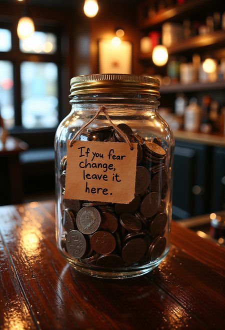 cinematic photo . A large glass jar filled with small coins sits on a countertop in a cozy bar. Attached to the jar is a neatly handwritten note that reads: 'If you fear change, leave it here.' The jar gleams under the soft lighting, inviting patrons to drop in their spare change..  . 35mm photograph, film, bokeh, professional, 4k, highly detailed