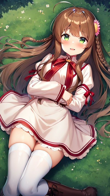 masterpiece,best quality,very aesthetic,absurdres, <lora:XL kanbe_kotori:1>,1girl,kanbe_kotori,solo,Standing on the ground,frontal,front view,Positive por,masterpiece,best quality,very aesthetic,absurdres, kanbe_kotori, 1girl, flower, solo, thighhighs, school uniform, lying, boots, white thighhighs, brown footwear, on side, looking at viewer, ahoge, frills, pink flower, blush, parted lips, outdoors, smile, grass, open mouth, leaf, zettai ryouiki, sunlight, from above