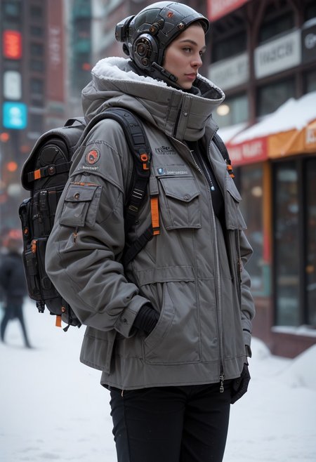 score_9, score_8_up, score_7_up, score_6_up, score_5_up, score_4_up, source_photo, source_real, cowboy shot, full body, snow, techwear, solo, gloves, long_sleeves, standing, jacket, pants, hood, bag, blurry, no_humans, blurry_background, backpack, helmet, robot, mecha, 1other, zipper, science_fiction, realistic, humanoid_robot, Vivid Colors, high Contrast,