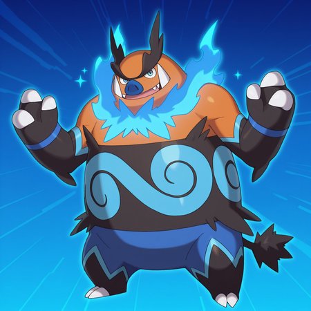 2d, solo, pokemon (creature), ((shiny pokemon)), Emboar, orange fur, ((blue nose, blue eyes, blue flames around neck, blue pattern on belly)), large fangs, black eyebrows, big eyebrows, orange fur, blue fur, black fur, multicolored fur, multicolored body, claws, tail, toe claws, blue band on wrists,

BREAK standing, sharp teeth, open mouth smile, hands up, looking at viewer, full body, abstract background,(sparkles)

BREAK best quality, amazing quality, very aesthetic, absurdres, newest, masterpiece 