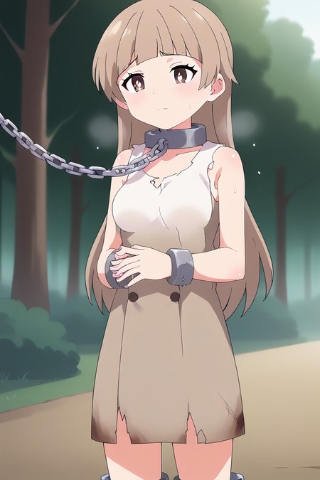 score_9, score_8_up, score_7_up , source_anime, solo, intricate details, masterpiece, high quality, prefect hands, best quality , anime screencap, <lora:DetailedEyes_V3:1> , KatanoPN, 1girl , brown eyes , white pupil , brown hair , long hair , forest , <lora:Katano_Bat_Holy_Envoy_Cross_Near_Heart:1> , sweating , sweat , cute , wet skin , <lora:rags-ponyxl-lora-nochekaiser:1>, rags, ankle cuffs, ball and chain restraint, bdsm, chain, chained, collar, cuffs, dress, metal collar, restrained, shackles, slave, sleeveless, torn clothes, torn dress, khaki dresses ,medium breast ,