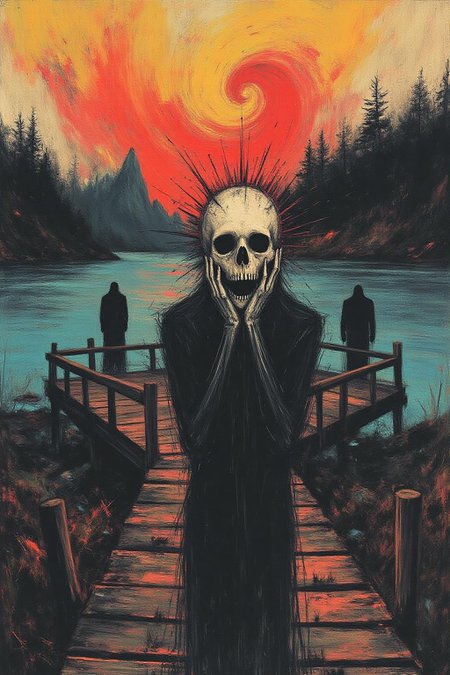 apoca1 illustration. a figure standing on a wooden bridge, clutching their face in despair, with a backdrop of swirling, fiery orange skies and deep blue water. The figure's skeletal, distorted form conveys a sense of anxiety and existential dread, emphasized by their wide, hollow eyes and open mouth. The bridge extends diagonally into the composition, framed by two shadowy figures in the background and fjord-like landforms in the distance. The overall scene is dynamic, with bold, swirling strokes and vibrant, contrasting colors creating an atmosphere of emotional turbulence,  <lora:apocalypse_now1_fl_d4a2:1.0><lora:803273951104079107:0>