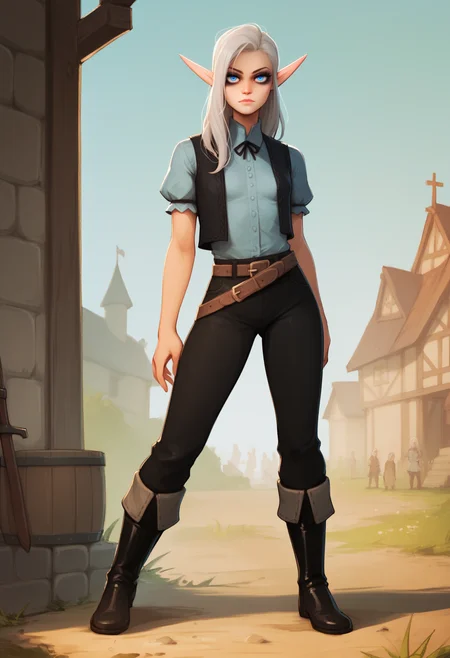 score_9, score_8_up, score_7_up, score_6_up, score_5_up, score_4_up, BREAK 
1girl, maeryll, white hair, long hair, blue eyes, makeup, pointy ears, elf,
belt, vest, black pants, black boots, small breasts,
full body, standing, looking at viewer, solo, medieval town background    <lora:MaeryllXL:1>