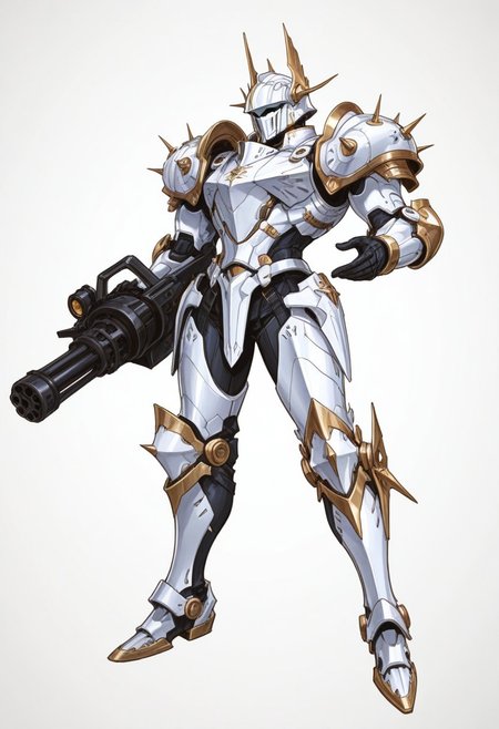 ww1era, victorianera, 18cera, alone, solo, full detail, full body,  simple background, white background, no background, retro style, 1man, battle armor, mechanical armor, battle armor helmet, ww1 facemask,  bulky armor, strong armor, iron armor, white details, tinted black iron, turret pose, aiming pose, gattling gun, minigun,
<lora:RavenScript :1>