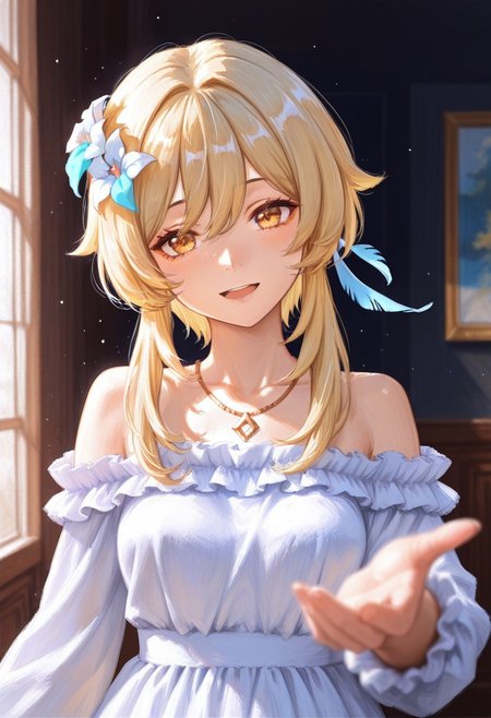 1girl, solo, lumine \(genshin impact\), looking at viewer, open mouth, smile, head tilt, hair ornament, alternate costume, white dress, frilled dress, off-shoulder dress, frilled sleeves, necklace, beckoning, indoors, (dark shade:1.2), light particles, sidelighting, (depth of field:0.8), (upper body:1.2), straight-on, impasto, oil painting \(medium\), masterpiece, best quality, good quality