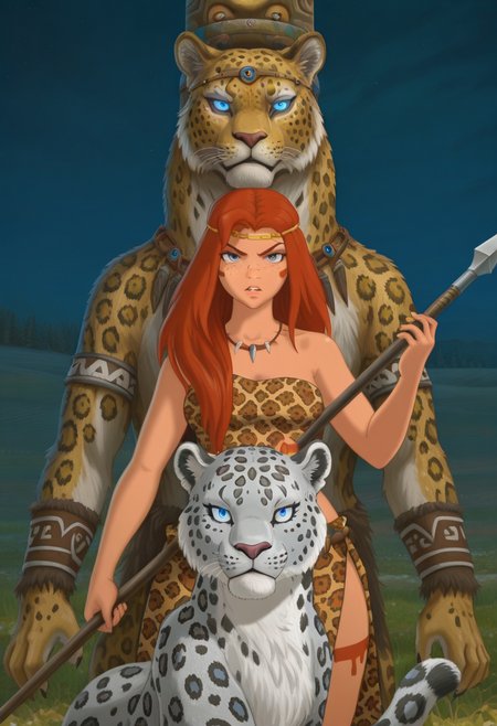 Graphic Design, color art, vibrant colors, colorful, intricate details, high contrast, detailed background, beautiful detailed, beautiful face, detailed eyes, detailed face, new, 1girl, solo, m3rm41d, red hair, long hair, dark blue eyes, circlet, freckles, tribal, (leopard pattern:1.4), fur clothes, skimpy, looking at viewer, night, dark, holding stone spear, holding weapon, necklace, body paint, meadow, serious face, parted lips, totem, wolf, glowing eyes, (masterpiece, best quality, newest, recent, absurdres),
