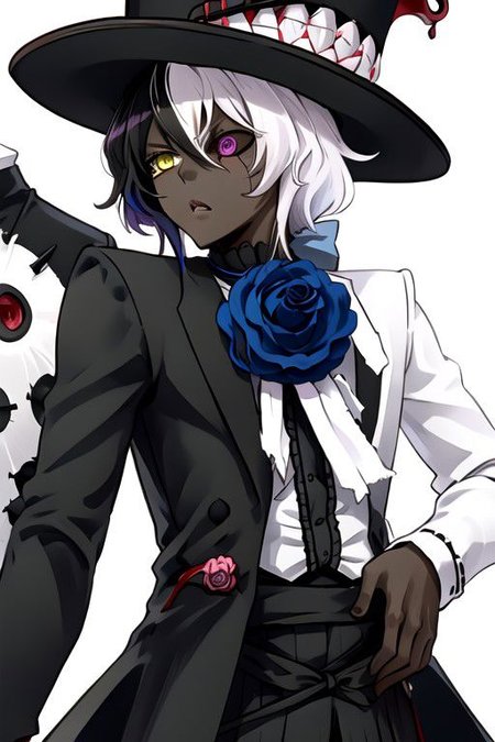 shiromi, hat, dark skin, yellow eyes, heterochromia, white hair, flower, long hair, blue flower, multicolored hair, black hair, top hat, blue rose, rose, 1boy, black headwear, dark-skinned male, formal, purple eyes, black sclera, cracked face, colored sclera