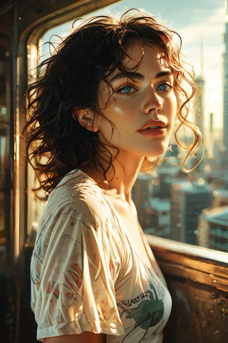 score_9_up, score_8_up, score_7_up, ADDBASE Realistic, hyper-realistic, hyperrealistic, portrait, 
balcony, skyline, nyc,
beautiful woman,short, curly black hair with tight, bouncy curls, natural volume adding fullness, soft taper around the nape for a polished look, gentle shine enhancing the curl pattern, creating a lively and stylish appearance with a touch of sophistication, mole, smooth skin, light smile, blue eyes, small breasts, printed shirt,
natural lighting, film grain,
  <lora:MJFL_Portrait_Style__Pony:1>