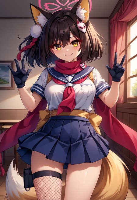 score_9, score_8_up, score_7_up, BREAK source_anime,
masterpiece,8k,uncensored,(highres:1.3),high resolution, unity 8k wallpaper, detailed face, detailed CG, (perfect hands:1.5, perfect anatomy),
(high quality, best quality)
 (curvy:1.45)(shiny skin:1.2) (oily skin:1.2)
izuna kuda, yellow eyes, black hair, animal ears, animal ear fluff, medium hair, fox ears, halo,
Happy, smirk,
by hiroyama_hirosh,
asymmetrical legwear, fishnets, fox hair ornament, fox tail, gloves, hair ornament, pleated skirt, sash, scarf, school uniform, single thighhigh, tail, thigh strap, yellow tail, unware fox mask,
Dynamic pose, dynamic light,
School room,
Hands on chest,hands together,(hand_seal) , (ninja_hand_gesture )