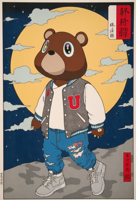 4si4n Murakam!, It depicts a scene of Murakam! bear wearing a lettermen jacket, posing with the moon behind, poster from the series Fifty-Three Stations of the Tokaido by Utagawa Kunisada Toyokuni III/Kunisada III. epic, masterpiece composition, movement