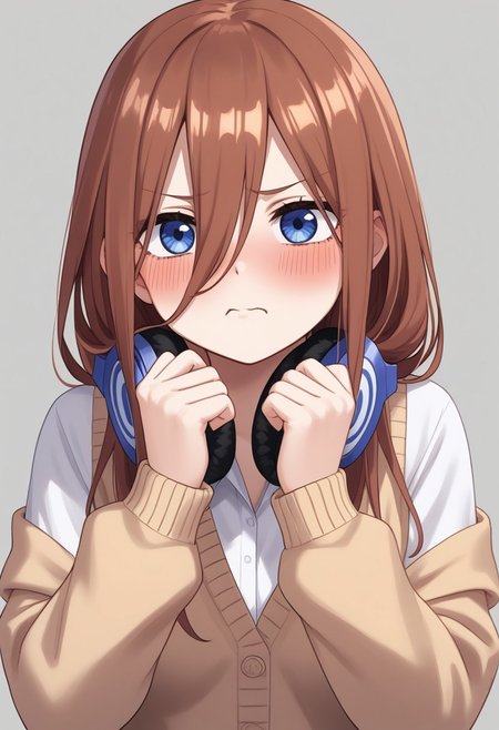 1girl, nakano miku, Go-Toubun no Hanayome, headphones around neck, puffing cheeks, angry expression, slightly blushing, embarrassed look, headphones, solo, pout, hair between eyes, cardigan, long hair, :t, brown hair, blush, shirt, white shirt, simple background, cardigan, drawn in pencil, everything is drawn with a simple pencil
