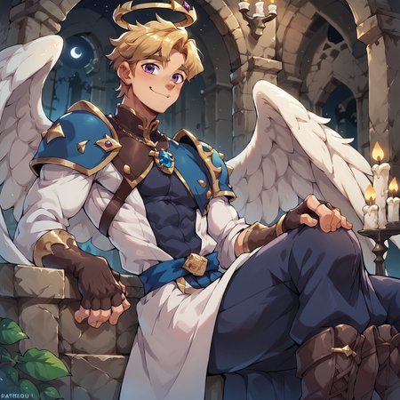 8k, score_9, score_8_up, score_7_up, masterpiece, 1boy, N0AH, muscular twink, broad shoulders, slim waist, lean, young, handsome, cute face, blonde hair, purple eyes, white angel wings, halo,
intricate white robe, shoulder pads, blue capelet, blue sash, sapphire amulet, fingerless gloves, bracers, thighhigh boots,
shy, smile,
cathedral ruins, indoors, in the night, nighttime, moon, lit candles. dark city in the background,