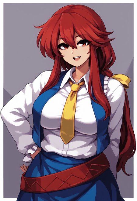 score_9, score_7_up, source_anime, source_cartoon, source_explicit, BREAK, colorful, aesthetic, illustration, kotohime (touhou), long hair, red hair, red eyebrows, hair between eyes, bangs, sidelocks, low-tied long hair, tied hair, low ponytail, hair ribbon, yellow ribbon, red eyes, breasts, white shirt, collared shirt, long sleeves, yellow necktie, blue vest, brown belt, blue skirt, hands behind back, open mouth, smile, teeth, simple background, looking at viewer, facing viewer, standing in front of viewer, standing