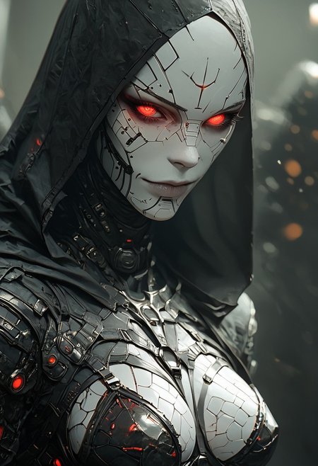 score_9, score_8_up, score_7_up, score_6_up, 1girl, robotic parts, cyborg body, metal skin, white skin, hood up,  slutty Smile, skank, slutty, seductive, Curious Eyes, hourglass figure, medium breasts, large ass, thigh gap, (Standing with the upper body leaning back), hkevil, sinozick style, flat color, dark theme, Expressiveh, harness, garter, straps, cupless bra