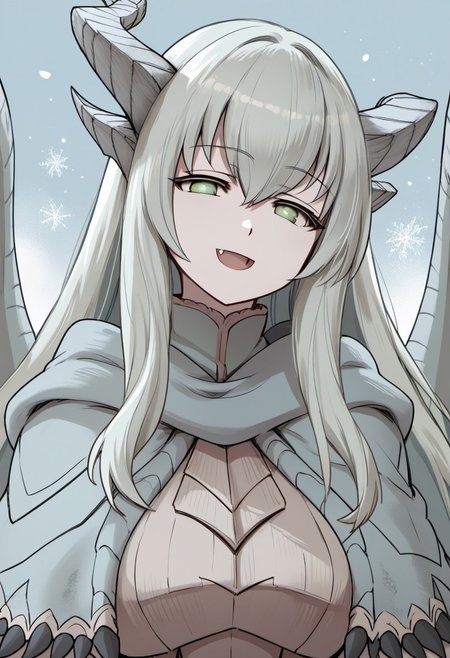 masterpiece,best quality,score_9, score_8_up, score_7_up, score_6_up,source_anime,<lora:PAARTHURNAX:0.9>, PAARTHURNAX,(gentle smile,half closed eyes,open mouth,fang,looking at viewer),(dragon horns, broken horn, dragon girl, dragon wings, very long hair, green hair, hair between eyes, green eyes,big breasts, 
capelet, dress),(face focus,from below,close to viewer),(deep shadows,colorful,gorgeous light and shadow),(simple background,blue background,gradient background,light blue theme,cool lighting,snowing,snow)