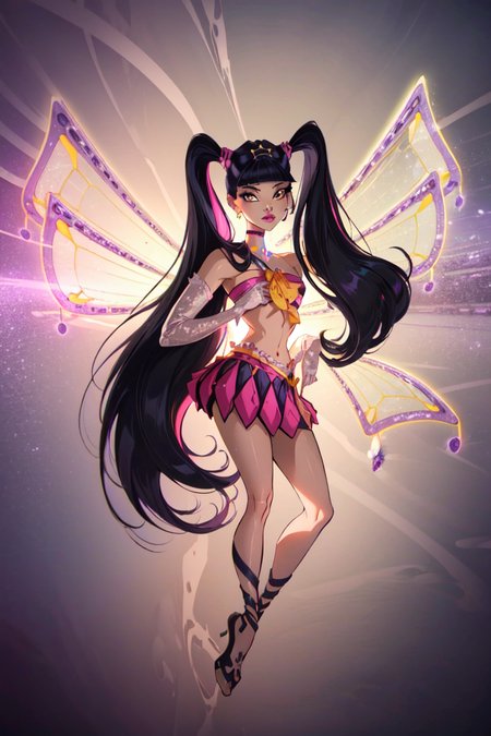(Musa:1.5), (large fairy wings), purple hair, twintails, (pink and yellow two piece outfit), purple eyes, bangs, (purple and yellow background, music notes floating), (realistic:1.2), (masterpiece:1.2), (full-body-shot:1),(Cowboy-shot:1.2), neon lighting, dark romantic lighting, (highly detailed:1.2),(detailed face:1.2), (gradients), colorful, detailed eyes, (natural lighting:1.2), solo  <lora:WinxClubEnchantixMusa-10:0.9> <lora:add_detail:0.3> <lora:BeautifulEyes:0.6>