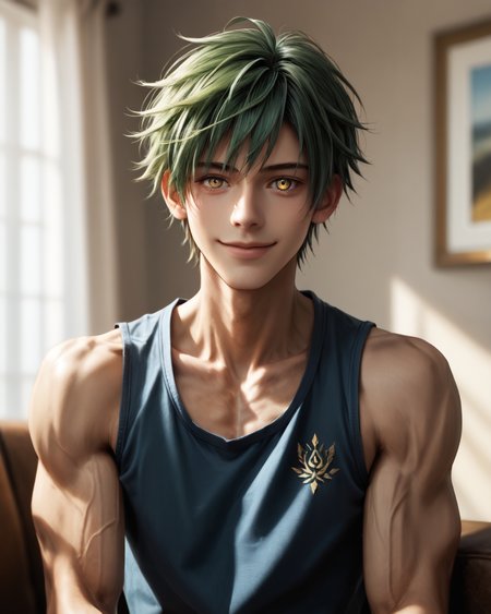 score_9, score_8_up, score_7_up, intricate details, rating_questionable,
<lora:homri52:1>,
<lora:whitesmith-pdxl-lora:0.8>, 1boy(whitesmith-ro, gold eyes, green hair, slender, muscular, looking at the viewer, solo, happy, 
portrait, face focus, tank top), cozy living room,
masterpiece, 
detailed background, depth of field, 
<lora:ral-chrosc-clr:0.5>, ral-chrosc-clr,
<lora:Expressive_H:0.5>, Expressiveh,
<lora:xl_more_art-full_v1:0.3>,
<lora:add-detail-xl:0.3>,