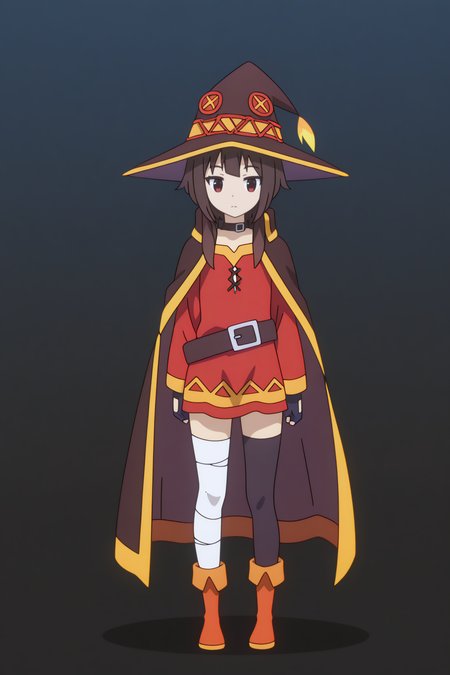 full body,  Megumin, asymmetrical legwear, short hair with long locks, witch hat, collar, dress, cape, belt <lora:Konosuba_Bakuen_-_Megumin_-_illustrious:0.8>