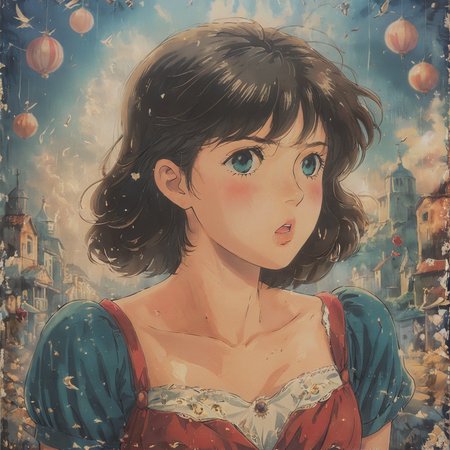 <lora:Vintage_Anime:1>, Cinematic still, decoupage technique of a"The 22yo of Delight"
