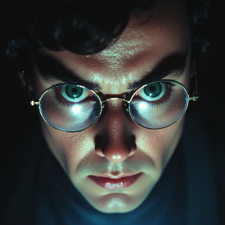 ArsMovieStill, movie still from a 1970s horror movie, The image is a close-up portrait of a man's face. He is wearing round silver-framed glasses with green lenses. His eyes are wide open and his eyebrows are furrowed. He has a serious expression on his face and his mouth is slightly open as if he is looking directly at the camera. The background is dark and out of focus making the man's eyes the focal point of the image. The lighting is dim creating a dramatic and eerie atmosphere., solo, 1boy, male focus, glasses, portrait, close-up, looking at viewer, realistic, black hair, eye focus