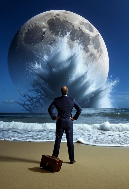 (((on foreground a man observes tsunami from below))), office dress, standing up on the beach, from back, office suit, spreading legs, (briefcase on hand:1.2), solo, full body, (a man view from bottom:1.4), man focus, 
(in the background a beach under a hyper giant Tsunami:1.5), frontal Tsunami, (giant Tsunami hide the sky:1.3),,
(in sky small broken moon piece:1.3),, 
award winning artwork, extreme detailed, masterpiece, photo titled "the nature's revenge",,
without escape, disaster, the end of the uman world, photography, dramatic photo, Hyper-realistic, 16k resolution, hyper detailed,