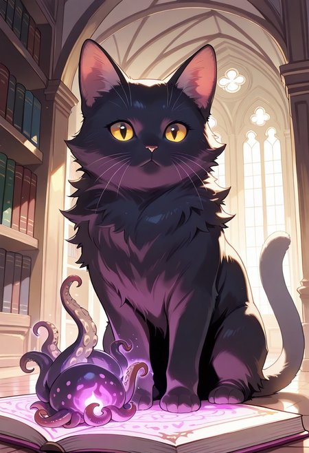 (masterpiece, best quality, high quality, highres), very awa, highres, absurdres,
 (no humans:1.1), (solo:1.2), full body,
(black cat:0.6), (octopus:0.7), (fluffy:0.4), (cute:0.3), (tentacles:0.7), (multiple limbs:0.7), paws,
indoors, fantasy magical library, magic book,
