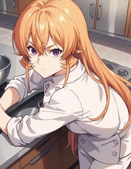 score_9, score_8_up, score_7_up, source_anime,
erinanakiri, <lora:erina-nakiri-s1-ponyxl-lora-nochekaiser:1>,
erina nakiri, long hair, orange hair, purple eyes, hair between eyes,
pants, white pants, chef, long sleeves, sleeves rolled up,
indoors, kitchen, bent over,
looking at viewer, cowboy shot, dutch angle, solo,