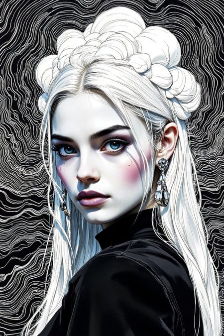(*digital illustration, hyper-realistic, photorealistic, ethereal, smooth textures, glossy finish*) A young woman with an almost otherworldly appearance. Her complexion is luminous with a soft sheen, suggesting a subtle backlight. Her long, sleek platinum-blonde hair is parted down the middle, cascading smoothly down her back, reflecting the glow. She has large, expressive almond-shaped eyes accentuated by bold, electric blue eyeliner, her gaze directed to the side, adding depth and emotion. Her full lips are painted a glossy, deep violet.  
She wears oversized, geometric silver earrings, adding a modern, edgy touch to her elegant look. Her attire consists of a black, high-neck blouse, providing a sharp contrast against the intricate monochromatic background.  
(*black and white digital drawing, abstract, topographical map style, high contrast, intricate patterns*) The background consists of swirling, concentric lines resembling mountain ranges or ocean waves, creating a sense of depth and movement. The upper section features an undulating mass of curved lines, resembling a cloud or mountain peak, while the lower portion has a structured, geometric form suggesting a rocky shoreline or cliff. The stark contrast between thick, bold white lines and the solid black background enhances the intricate details, emphasizing the interplay between positive and negative space in a visually engaging composition.