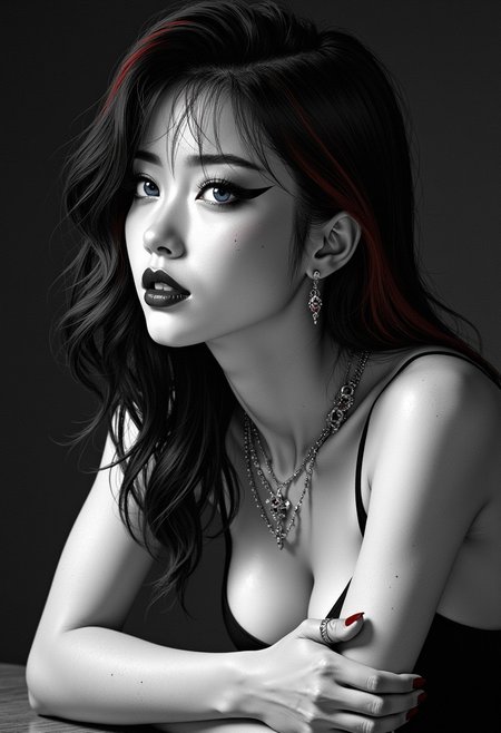 realistic skin texture, solo focus, detailed face, detailed black and white phot with spot colour, monochrome, greyscale, masterpiece, great lighting, BREAK, portrait of beautiful japanese woman, dark eyeshadow, blonde hair between eyes, black eye-liner, blue eyes, red lipstick, cocktail dress, no bra, cleavage, earrings, necklaces, upper body drawing, dark hair with red streak, leaning forward to rest on elbows, High Detail, Perfect Composition, realistic image, mythp0rt
