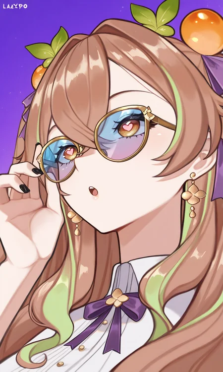 masterpiece,best quality,absurdres,very aesthetic,very awa,highres,newest,year 2024,year 2023,<lora:add-detail-xl:0.9>,<lora:illustrious_best_quality_v1:0.8>,<lora:xmc_v0.3_noobai_cwhj:0.8>,<lora:Periru_Vtuber:1>,PeriruILXL,virtual youtuber,multicolored hair,brown hair,green hair,hair ornament,food-themed hair ornament,brown eyes,hair between eyes,dynamic background,detailed,dynamic_angle,best eyes,best hands,very long hair,
embedding:lazypos,1girl,:o,adjusting eyewear,artist name,black nails,earrings,fingernails,hair ribbon,heart,heart-shaped pupils,jewelry,long hair,parted bangs,thin gold framed sunglasses,blue tinted lens,portrait,purple background,purple ribbon,ribbon,simple background,solo,symbol-shaped pupils,tinted eyewear,two side up,upper body,