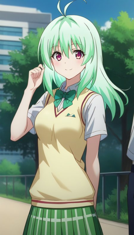 score_9,score_8_up,score_7_up,score_6_up BREAK official art,solo,outdoors,cowboy shot,looking at viewer,facing viewer,smile,blush,Run Elsie Jewelria,ahoge,long hair,green hair,floating hair,hair between eyes,bangs,pink eyes,school uniform,sweater vest,yellow vest,white shirt,collared shirt,green bowtie,short sleeves,medium breasts,miniskirt,green skirt,plaid skirt,pleated skirt,black socks,loafers,<lora:Run Elsie Jewelria(tlr)-Pony:1.6>,