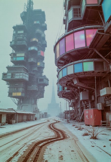 Faded neon colors of the 80s, washed-out pastel tones in spectral hues, combined with dystopian beige and gray. Monochrome ni-style Manga Sketch infused with soft, grainy retro tones. Towering over a barren, frozen wasteland in a nuclear winter setting, massive floating structures dominate the desolation. These round, sci-fi residential blocks sprawl like a chaotic web, their glowing panels flickering in muted neon hues of pink, cyan, and violet, refracted by the radioactive snow. The windows, dense and mismatched, emit spectral pastel lights that faintly illuminate the cracked, icy ground below.
The buildings, a mix of sleek technology and weathered neglect, resemble suspended slums. Some sections shimmer with frosted, translucent metal, while others are patched with rusted scraps, their surfaces lined with pipes dripping frozen condensation. Between the structures, illuminated cables stretch in a spectral web, glowing faintly amidst the swirling haze of beige and gray snowstorms.
The horizon blurs into a dystopian haze, where a pale, dim sun casts harsh, elongated shadows across the fractured, irradiated landscape. Torn fragments of banners and flapping cables sway in the ghostly wind, their colors faded into near translucence. The scene evokes a melancholic beauty, blending the faded nostalgia of 80s neon hues with the stark decay of a frozen, dystopian future. This hyper-detailed, cinematic composition captures a hauntingly futuristic world on the brink of collapse.