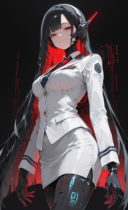masterpiece, best quality, amazing quality, highres, 
1girl, solo, yuuko ichihara, black hair, red eyes,very long hair, Navigator, looking at viewer, smile, closed mouth,robot girl, glowing hair,medium breasts, Stewardess uniform, future uniform,White uniform,Bluetooth Headset,Pencil Skirt
Low Angle, Raise a hand,
(Side view:0.6),black background, simple background, Flying glowing binary code background, r17329_illu, <lora:illustriousXL_stabilizer_v1.23:0.3> <lora:NOOB_vp1_detailer_by_volnovik_v1:0.3> <lora:ponyv6_noobE11_2_adamW-000017:0.45> <lora:r17329_illuu:0.5> <lora:-_iLL_-_the_edgy_mech_V3.0:0.7> <lora:gs_style_ilxl_v1:0.75>