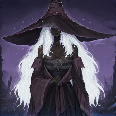 masterpiece, best quality, newest, absurdres, highres, anime, anime style, 1girl, ERNRRE-V1.0, very dark skin, dark-skinned female, black skin, black colored skin, colored skin, hat, witch hat, robe, off shoulder, white hair,