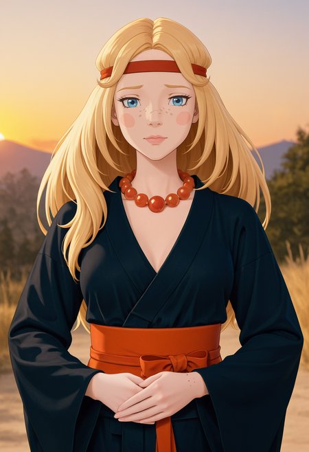 cinematic photo anime artwork absurdres, high quality, masterpiece, very awa,  8k, absurd res,  <lora:Alyonushka:1> alyanushka, alyonka, 1girl, necklace, blue eyes, jewelry, long hair, solo, blonde hair, freckles, headband, bead necklace, beads, pearl necklace, blush stickers, lips, outdoors,  breast,    <lora:GothicKimonoILL:0.9> black kimono, wide sleeves, obi, japanese clothes, (gold arnaments:1.3), Embarrassed, hands together, evening, sunset . anime style, vibrant, studio anime, highly detailed . 35mm photograph, film, bokeh, professional, 4k, highly detailed