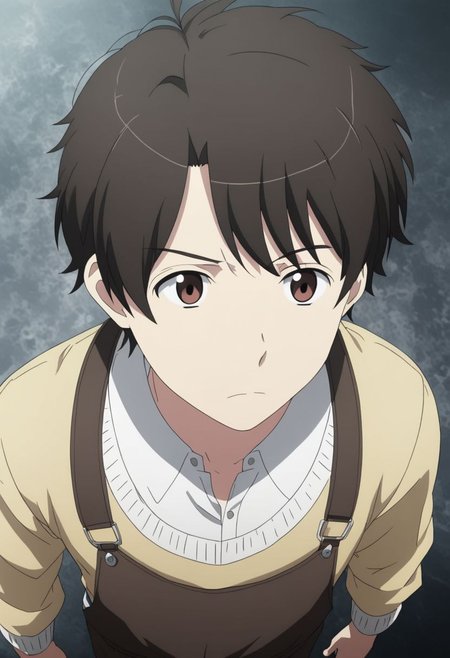 high resolution, solo, best quality, 1Boy, Inaho Kaizuka, Black Hair, Brown Eyes, standing, straight facing upwards, casual, seen from above, arrogant face, dominant, intimidate, OverallDetail