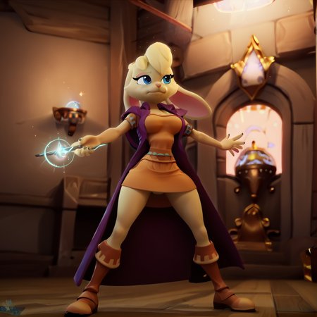 score_9, score_8_up, score_7_up, score_6_up, score_5_up, score_4_up, <lora:Biancarabbit:0.8>, biancarabbit, black claws, 1girl, solo, breasts, short hair, skirt, dress, holding, animal ears, closed mouth, standing, jacket, full body, large breasts, boots, open clothes, belt, indoors, hand up, blurry, arm up, looking to the side, hands up, makeup, glowing,  short dress, outstretched arm, furry, legs apart, , wand, magic, body fur, yellow dress, animal nose, holding wand, two-tone fur, rabbit girl, furry female, eyeshadow, blonde hair, blue eyes, rabbit ears, yellow fur, orange dress, short sleeves, open jacket,  <lora:Footness_v2:1>, wand,