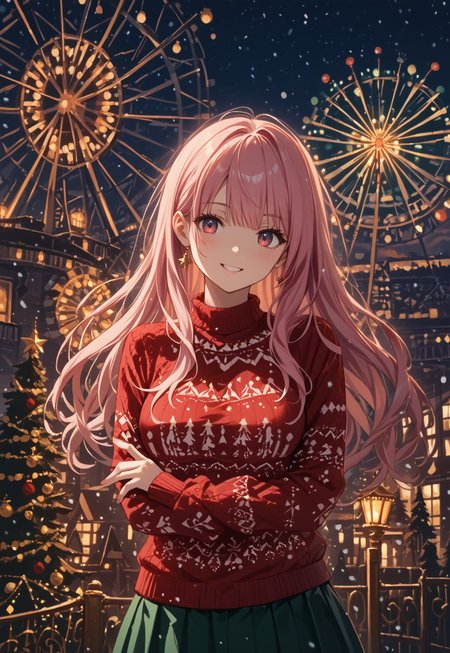 safe_pos, score_9, score_8_up, score_7_up,source_anime,  4K, finely detailed, masterpiece, intricate details, beautiful detailed, delicate, best quality, 
(amusement park:1.2), christmas, night, snowing, fantasy, christmas tree, ((a girl)), pink hair, christmas_sweater, red sweater, long hair, fancy hair style, sensual woman, beautiful breasts, green skirt, simple christmas ornaments, smile, glowing ferris wheel, 