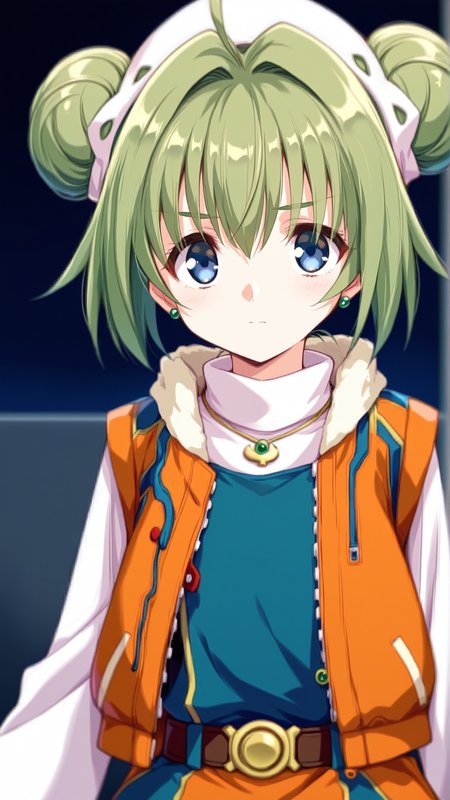 source_anime, general, best quality, masterpiece, 1girl,   <lora:mihiro_w_ill:1> mihiro\(srw\),blue eyes, green hair, short hair, hair bun, double bun, ahoge,antenna hair ,flat chest,hat, long sleeves, belt, vest, jewelry,jacket,