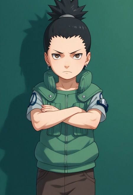 score_9, score_8_up, score_7_up, highly detailed, cute boy, 1boy, solo, young, Shikamaru_Nara, Brown Eyes, Black Hair, Ponytail, Earrings, Flak Jacket, vest, Armband, Brown Pants, Arms crossed,