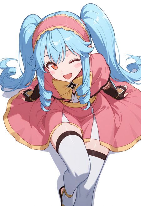 masterpiece,high quality details, absurdres, 
reclining pose, one leg crossed over the other, arm draped over backrest, calm demeanor,  ,
 <lora:Michiru_Kusagakure:0.8>
michiru_cnr, 1girl, blue hair, long hair, twintails, drill hair, sidelocks, orange eyes, blush stickers,
long dress, pink capelet,fingerless gloves, elbow gloves, white thighhighs, hairband, yellow bow,yelow armlet, ninja,, ;d,, simple background, white background, from above,solo,