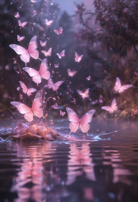 mage is a digital artwork featuring a dreamy and ethereal scene of pink butterflies fluttering over a shimmering water surface. The layout is vertical, with a focus on the butterflies in the foreground, which are detailed with translucent wings that catch the light, creating a sparkling effect. The background is a soft blend of pink and purple hues, enhancing the magical atmosphere. The water reflects the light, adding to the overall luminescence of the scene. The composition is balanced, with butterflies scattered across the image, some in focus and others blurred, suggesting movement and depth. The lighting is soft and warm, contributing to the serene and enchanting mood of the artwork.