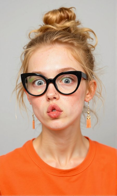 Close-up portrait of a young woman with light blonde hair styled in a messy bun. 
She is wearing black, cat-eye-shaped eyeglasses.  Her lips are puckered in a kiss. Her expression is playful and slightly mischievous.
The woman has fair skin and light makeup.
Her skin tone appears smooth and even. 
She is wearing a vibrant orange-colored t-shirt or top. The orange color is a rich tone. 
The background is a plain, light gray or white, which provides a neutral backdrop that allows the subject to stand out. The lighting is soft and diffused, illuminating her face and hair evenly. The focus is primarily on her face and upper body, drawing the viewer's attention to her facial expression and stylish eyeglasses., <lora:FLUX-daubrez-DB4RZ-v2:0.9> DB4RZ, DB4RZ style painting, <lora:ImpurePores:0.85> xlr_skin,