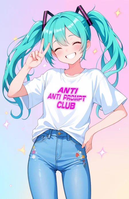 lazympos, 1girl, one eye closed, solo, shorts, long hair, twintails, smile, shirt, navel, v, ahoge, denim, denim shorts, open mouth, white shirt, looking at viewer, clothes writing, collarbone, cowboy shot, short shorts, ;d, blush, short sleeves, aqua hair, midriff, hair between eyes, hand up, blue shorts, aqua eyes, teeth, very long hair, blue hair, white background, english text, upper teeth only, t-shirt, thighs, hair ornament, contrapposto, standing
